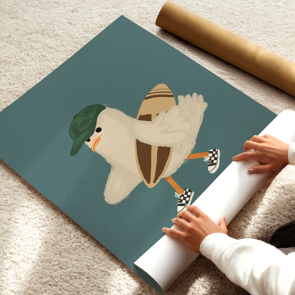 Seagull With A Surfboard Poster