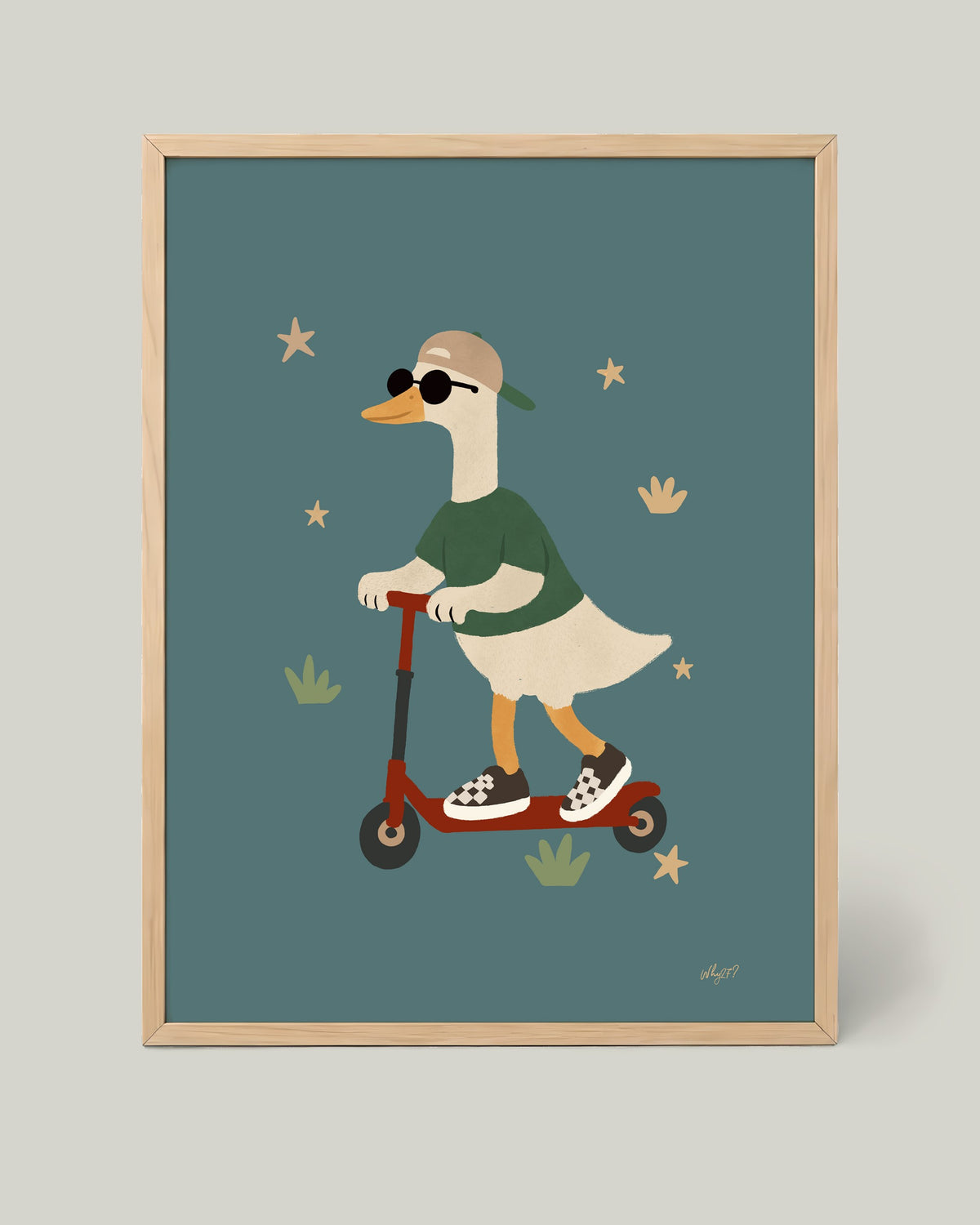 Scooter Goose Green Poster framed in a natural wood frame