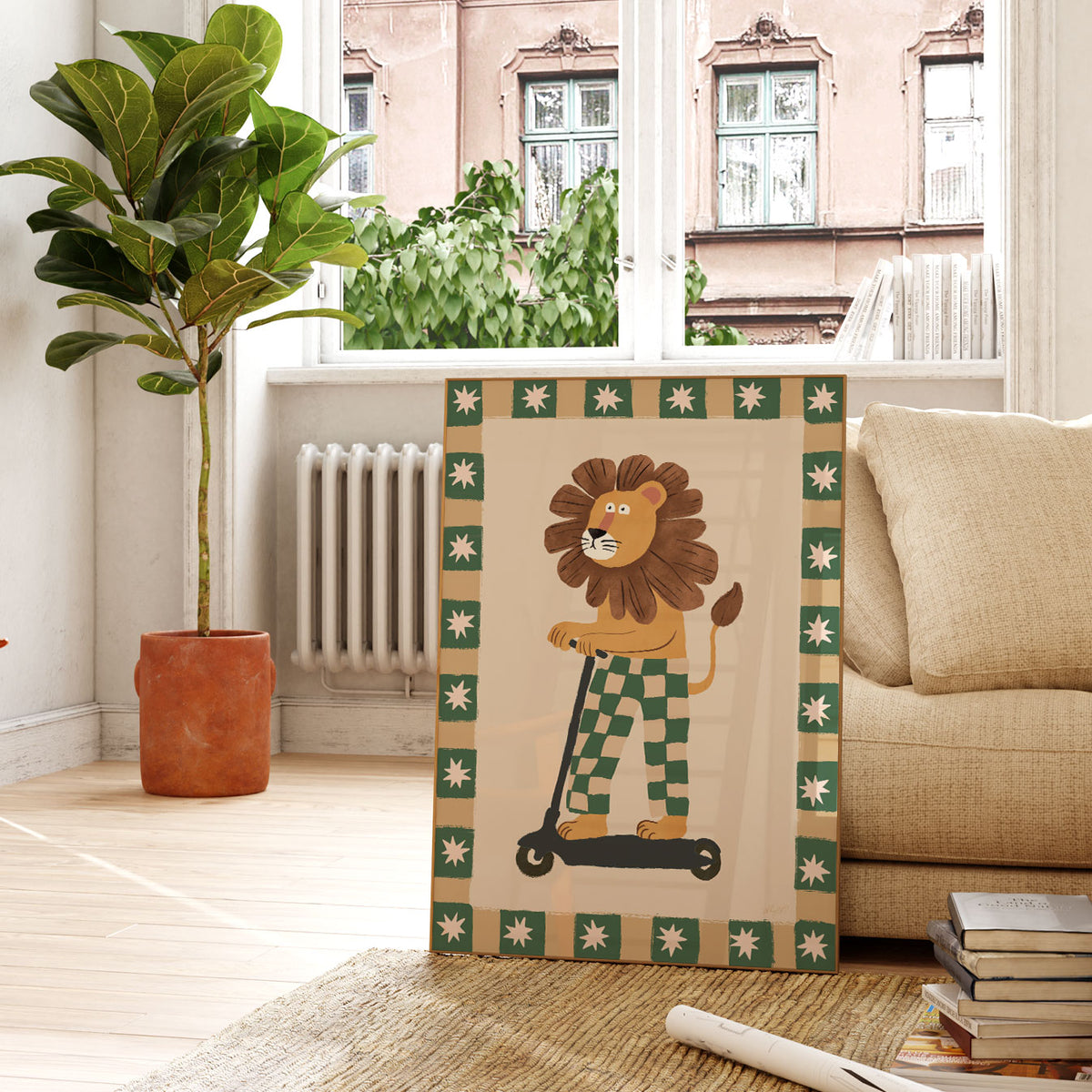 Playful lion scooter poster in forest green, brown and cream tones for a kids bedroom, nursery or playroom.