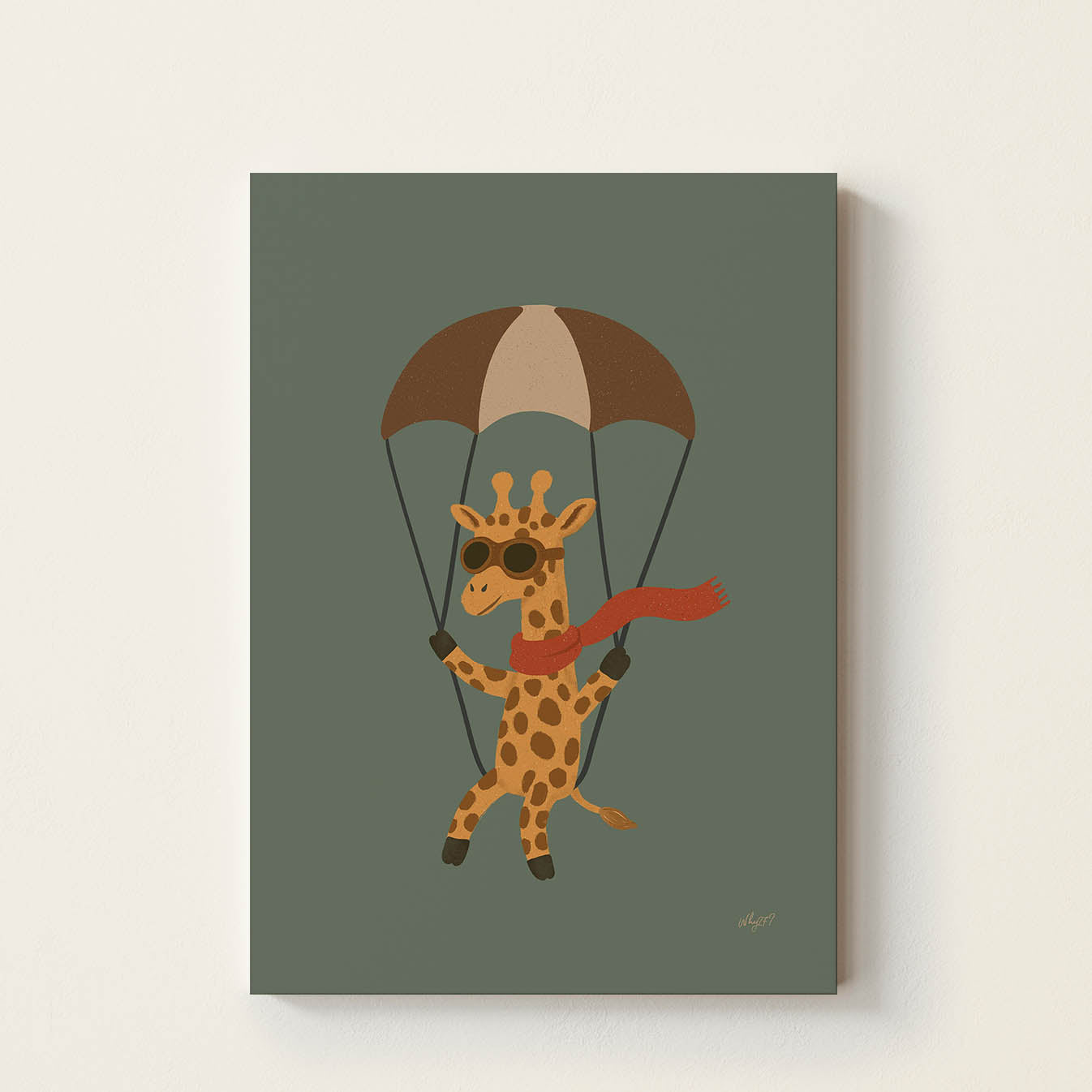 Hand-drawn giraffe wearing vintage aviator goggles and a red scarf floating beneath a parachute, retro-inspired adventure wall art for nurseries, bedrooms, playrooms, and reading corners.