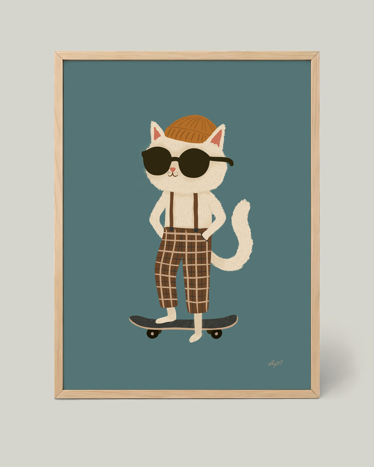 Skate Cat Green Poster framed in a natural wood frame