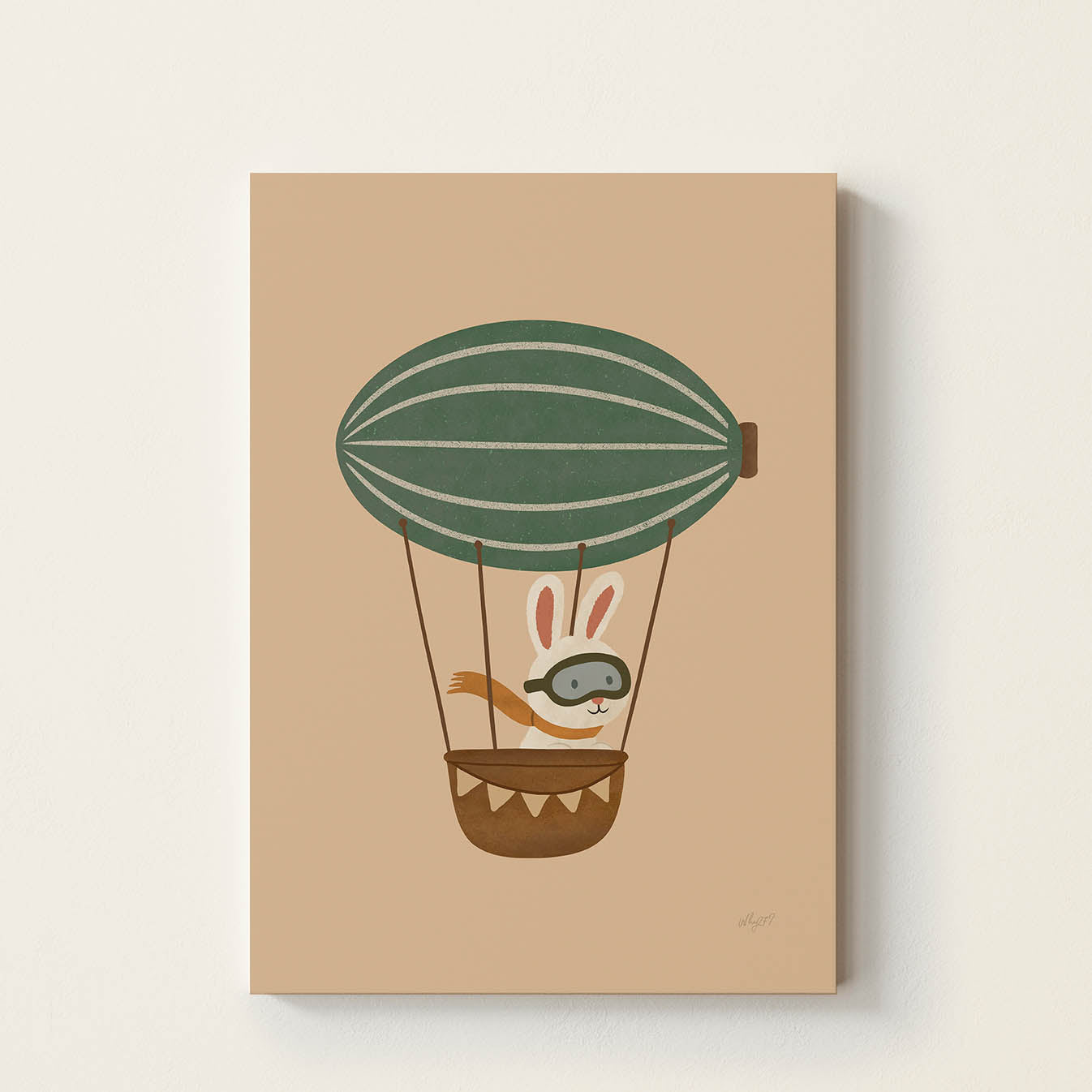 Hand-drawn bunny wearing aviator goggles flying in a vintage hot air balloon, adventure-inspired kids wall art for nurseries, bedrooms, playrooms, and reading corners.