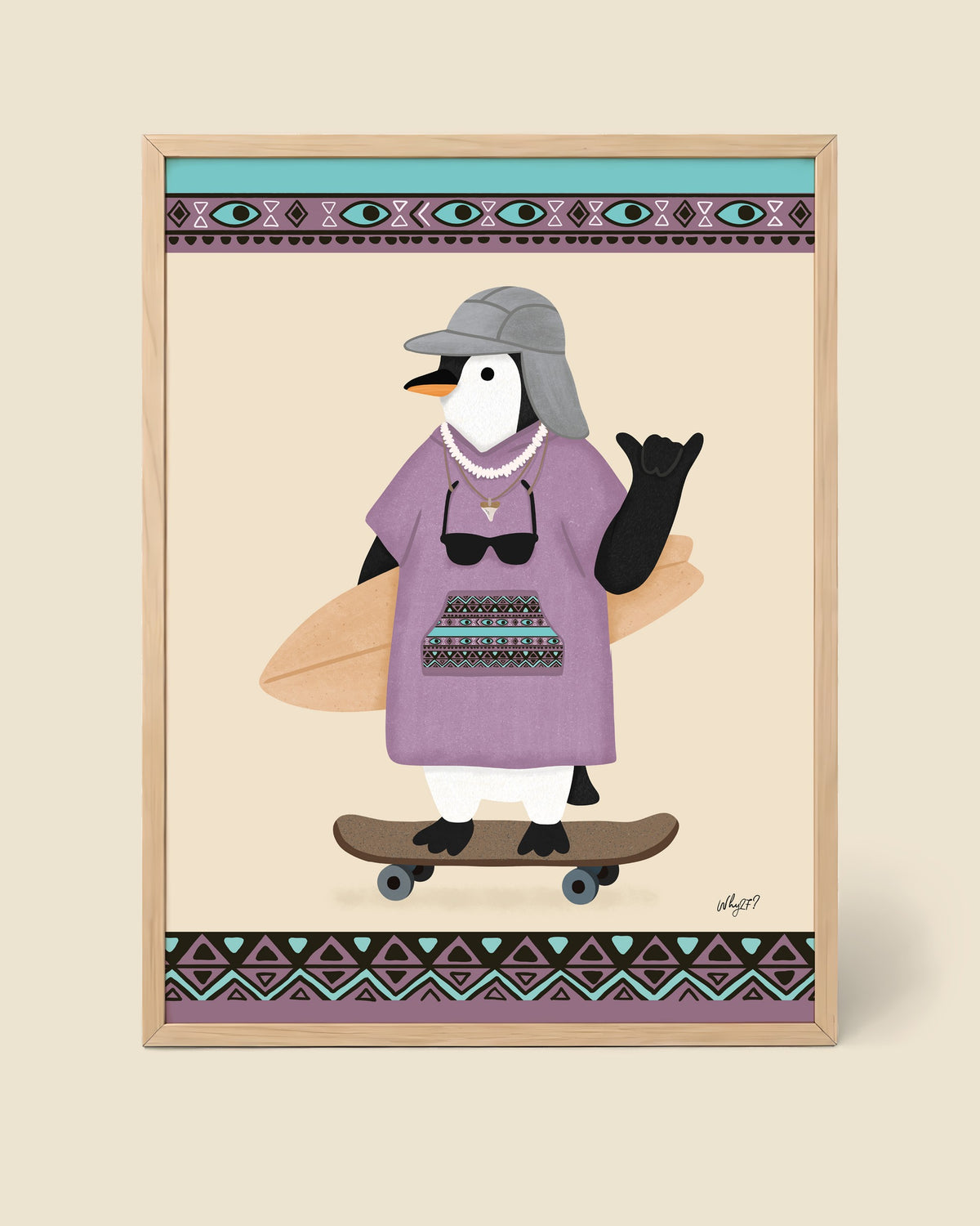 Skater Penguin Poster framed in a natural wood frame