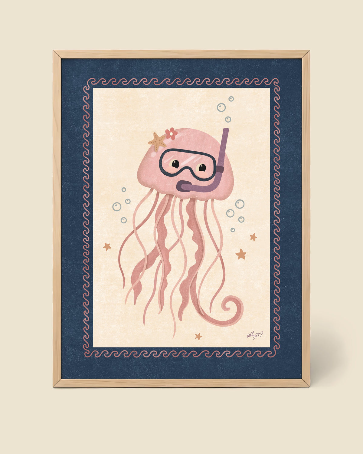 Snorkeling Jellyfish Poster framed in a natural wood frame