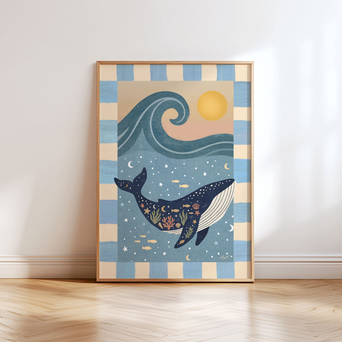Whale ocean poster for a kids bedroom or playroom with fish, stars, waves and hand-drawn underwater details.