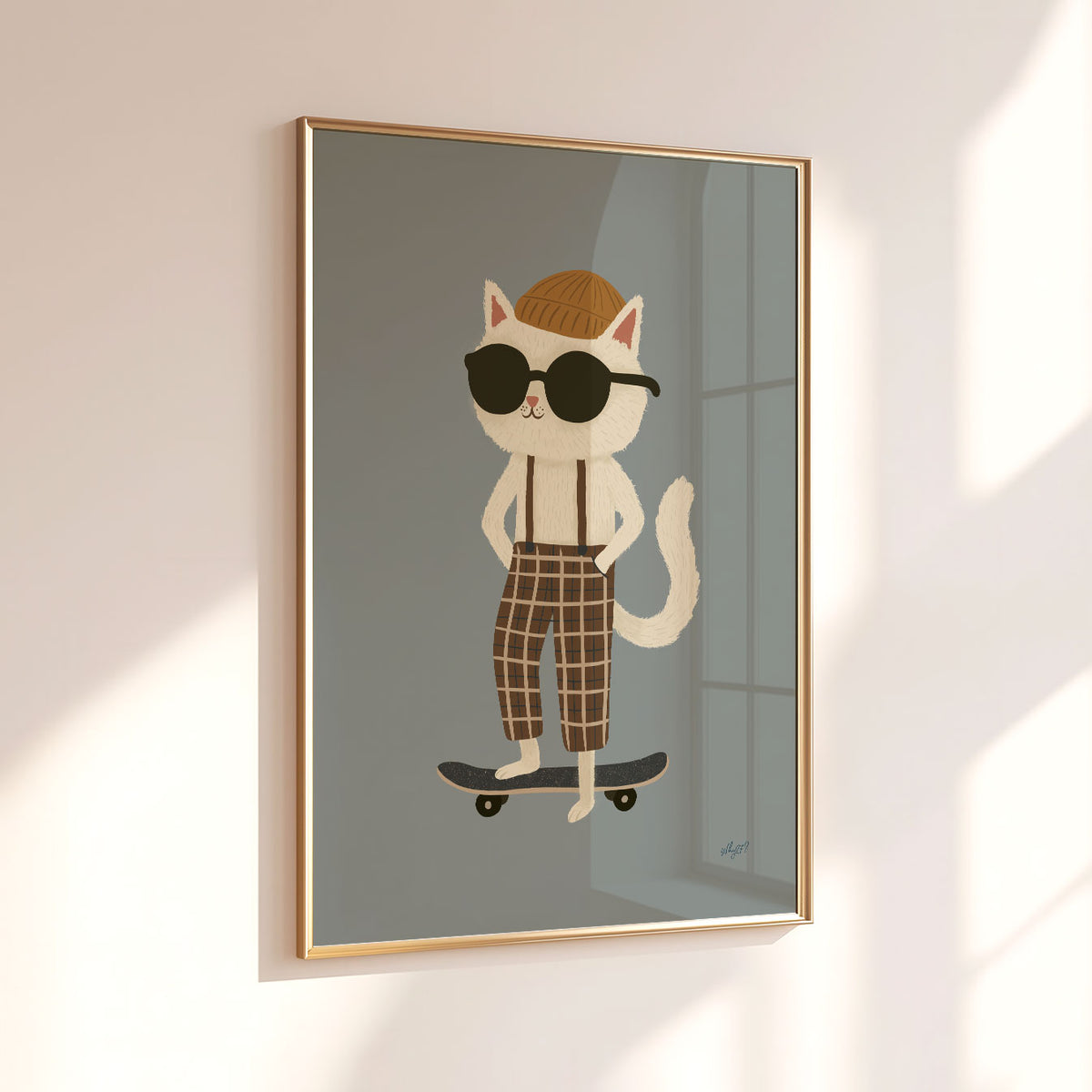 Retro cat skateboard illustration in cream, brown and muted green with a simple minimalist background.