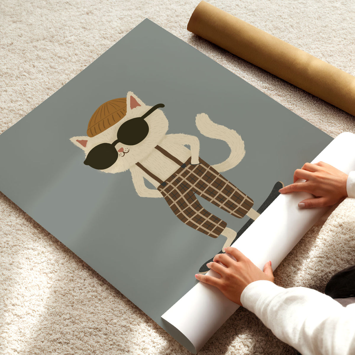 Hand-drawn skater cat in oversized sunglasses, brown cap, suspenders and plaid pants.