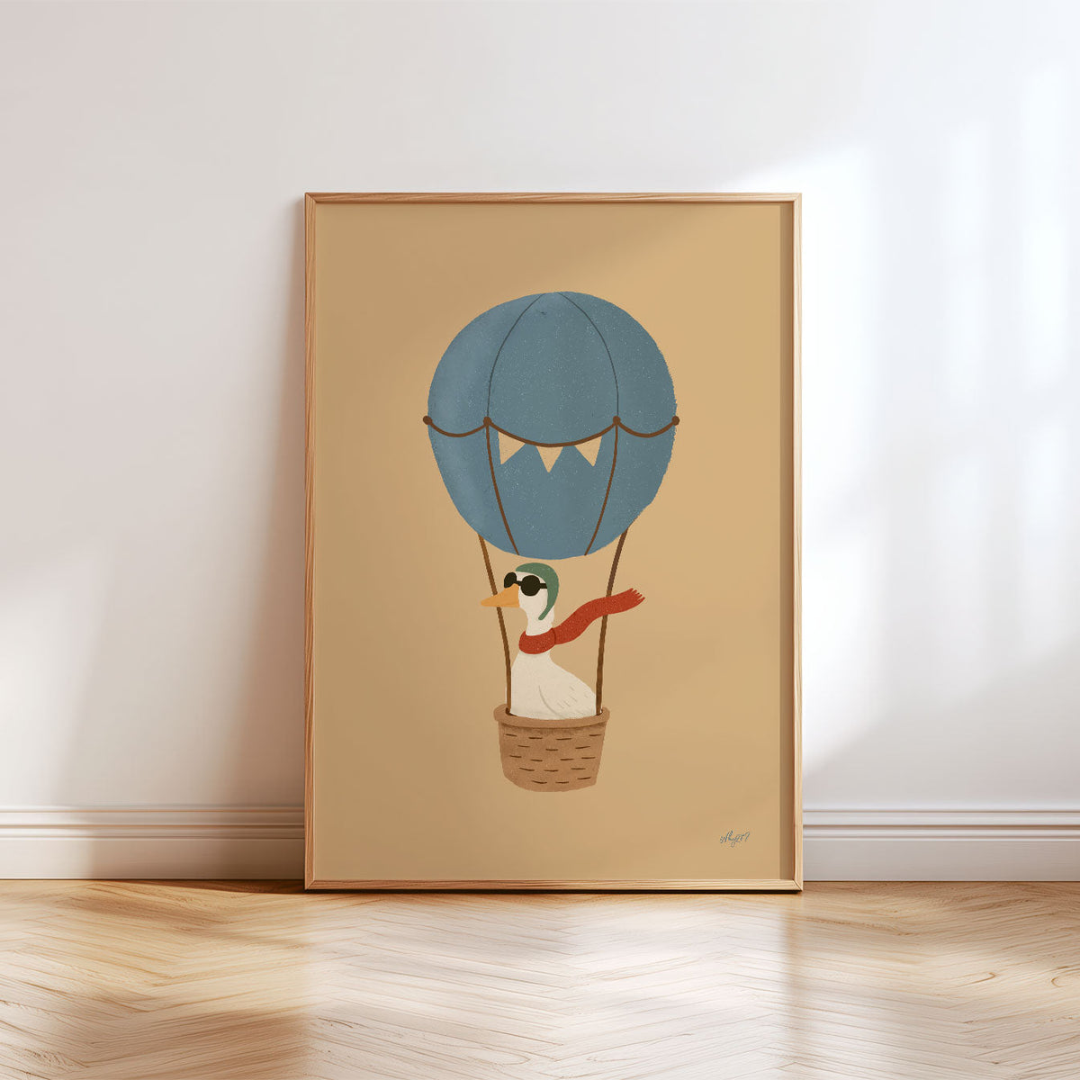 Goose hot air balloon wall art for a nursery or kids bedroom with a whimsical flying adventure theme.
