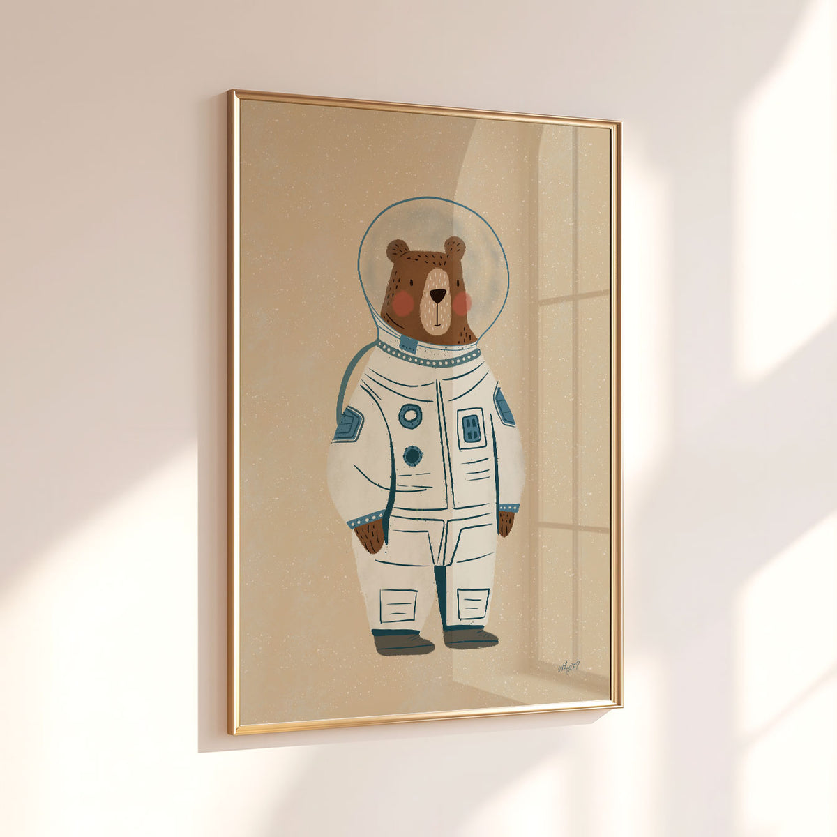 Space wall art for kids with a hand-drawn bear astronaut wearing a helmet and white space suit.