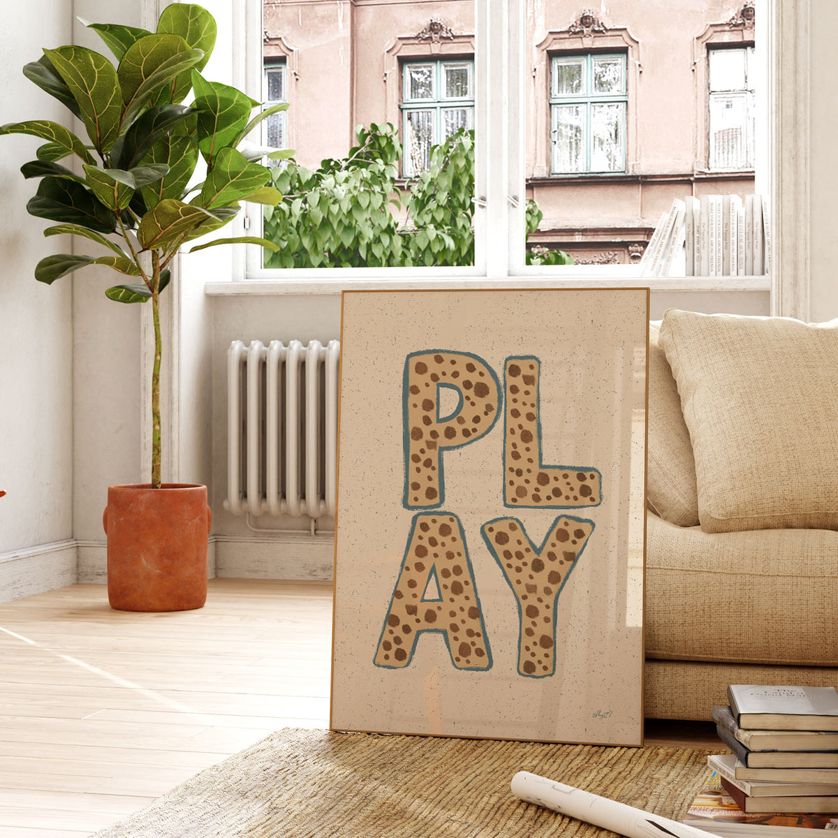 Kids typography wall art featuring playful animal print letters spelling the word PLAY.