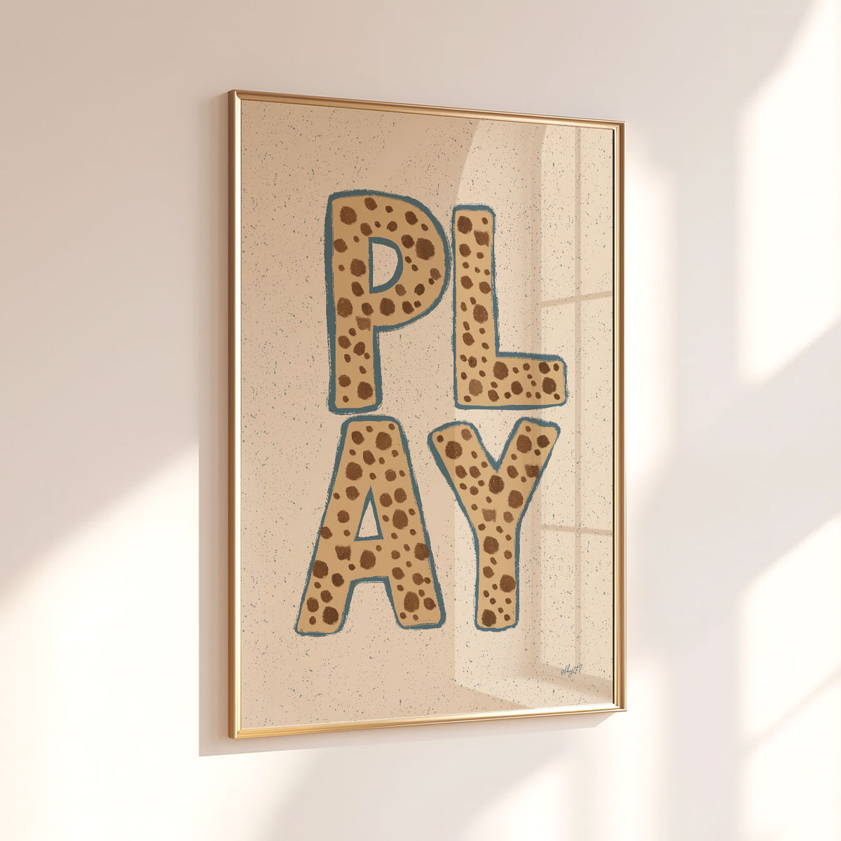 PLAY wall art for a kids bedroom or playroom with hand-drawn spotted typography on a neutral background.