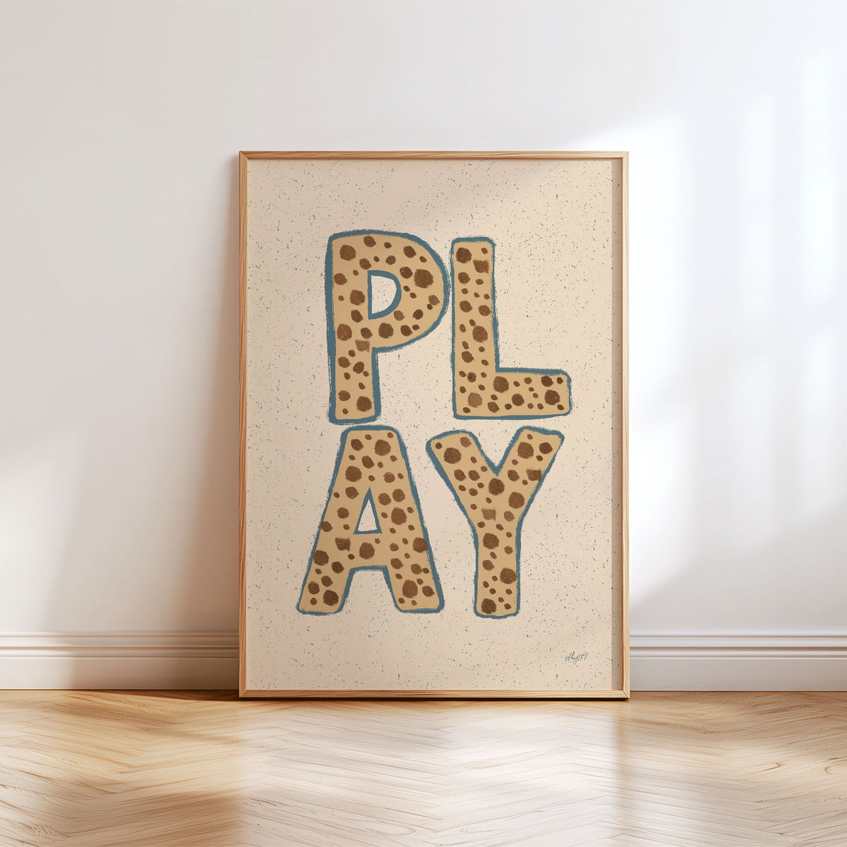 Minimal playroom poster with bold patterned PLAY lettering in brown, beige and muted blue.