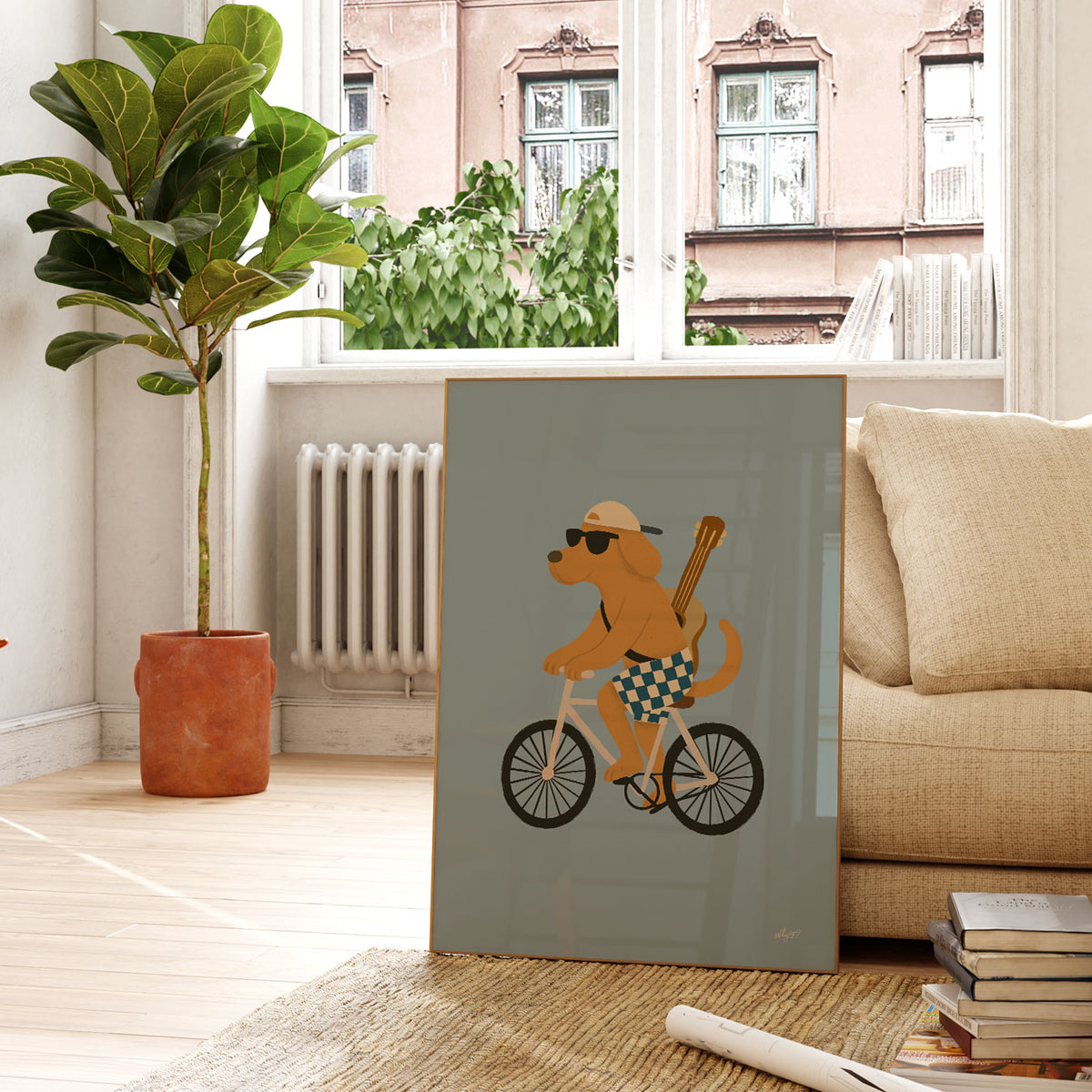 Playful animal adventure illustration featuring a sunglasses-wearing dog riding a white bicycle.