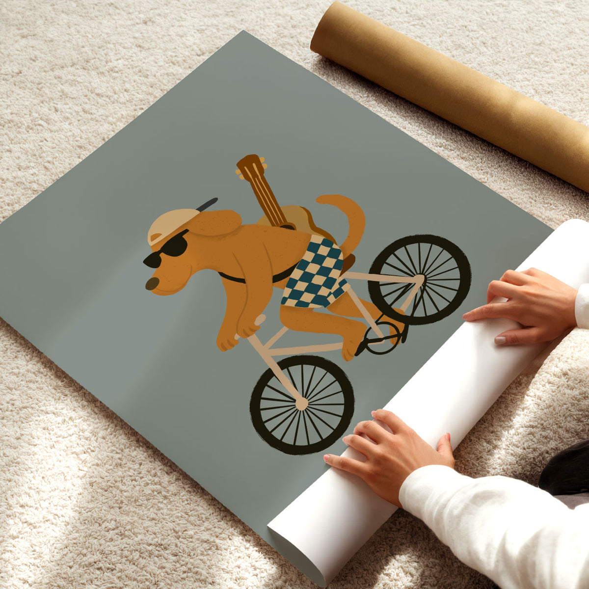 Biker dog poster featuring a cool dog cycling with sunglasses and an acoustic guitar strapped behind him.