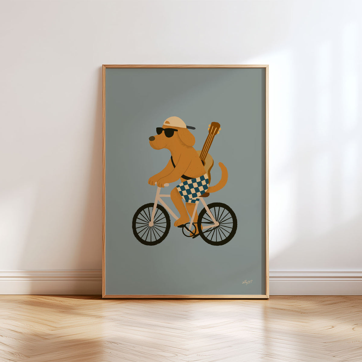 Dog bicycle poster for a kids bedroom or playroom featuring a cool cycling pup carrying a guitar.