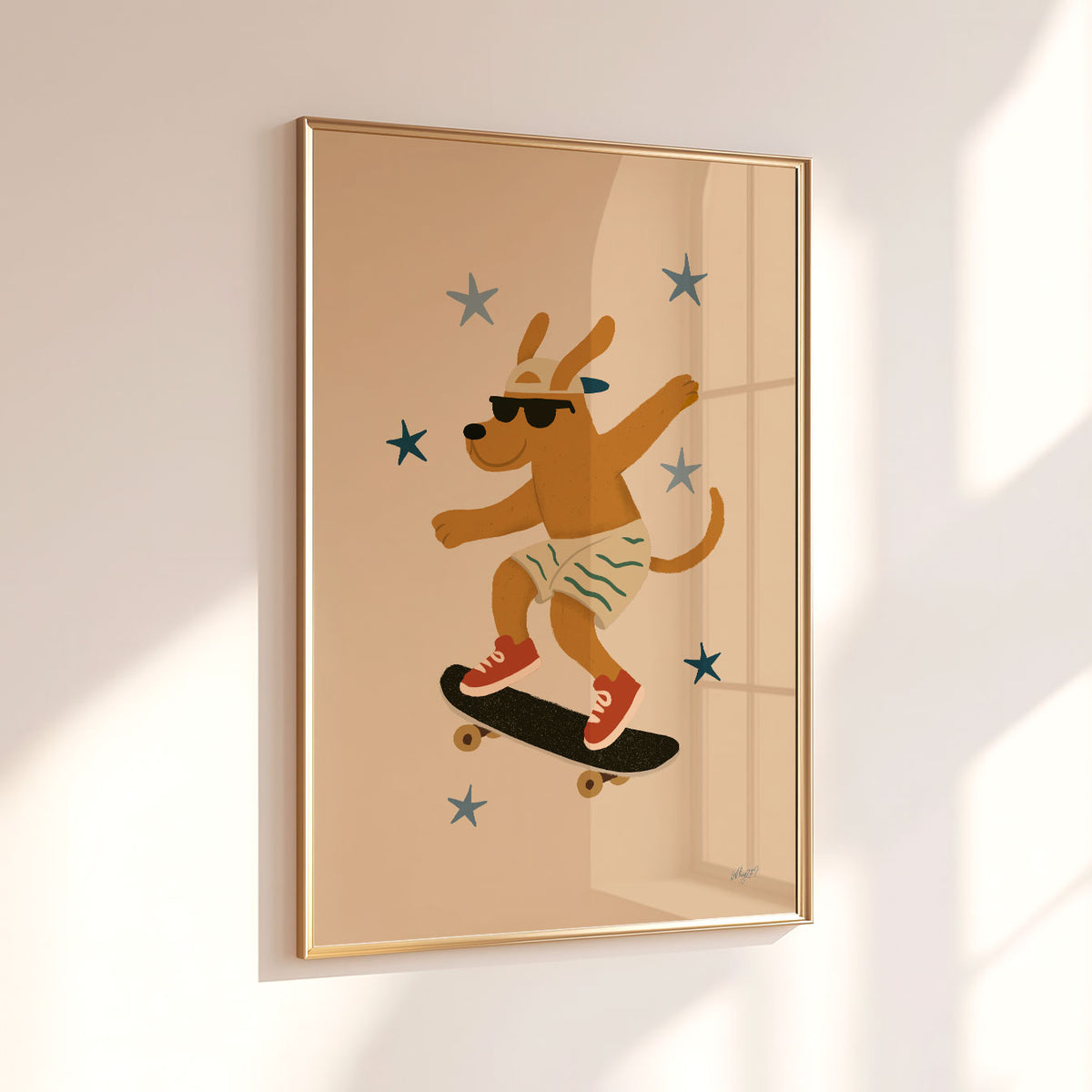 Skateboarding dog wall art for a kids bedroom or playroom with a fun retro adventure theme.