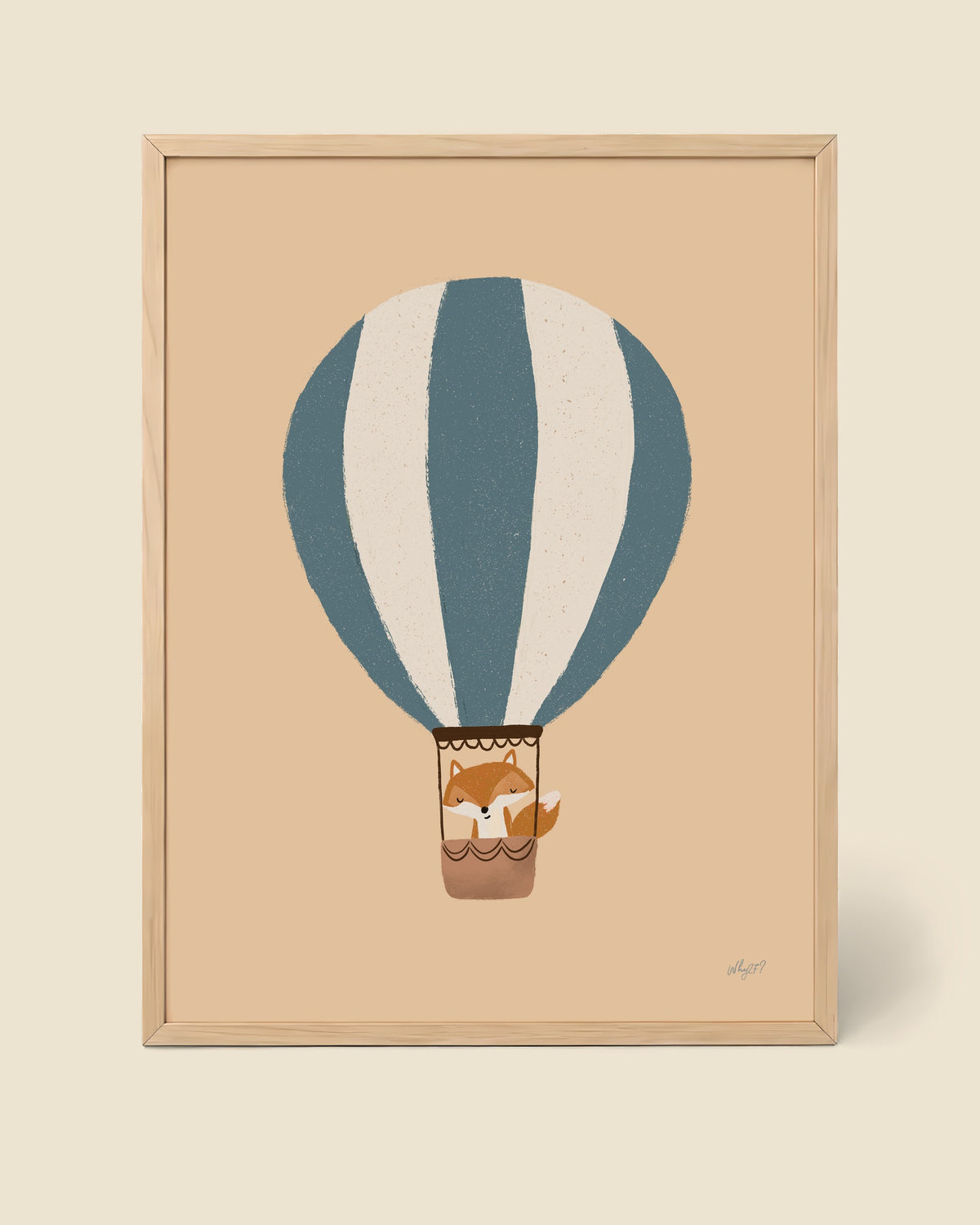 Fox Hot Air Balloon Poster framed in a natural wood frame