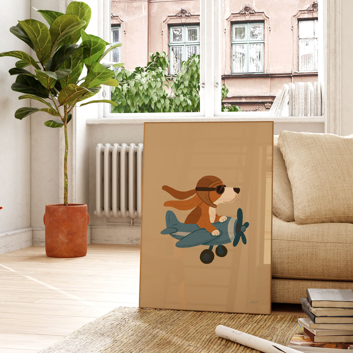 Airplane wall art for kids with a dog aviator wearing sunglasses and a flowing brown scarf.