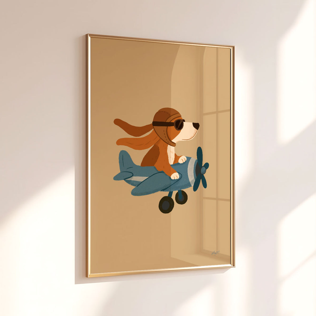 Flying dog poster featuring a playful pup piloting a blue propeller plane against a warm tan background.