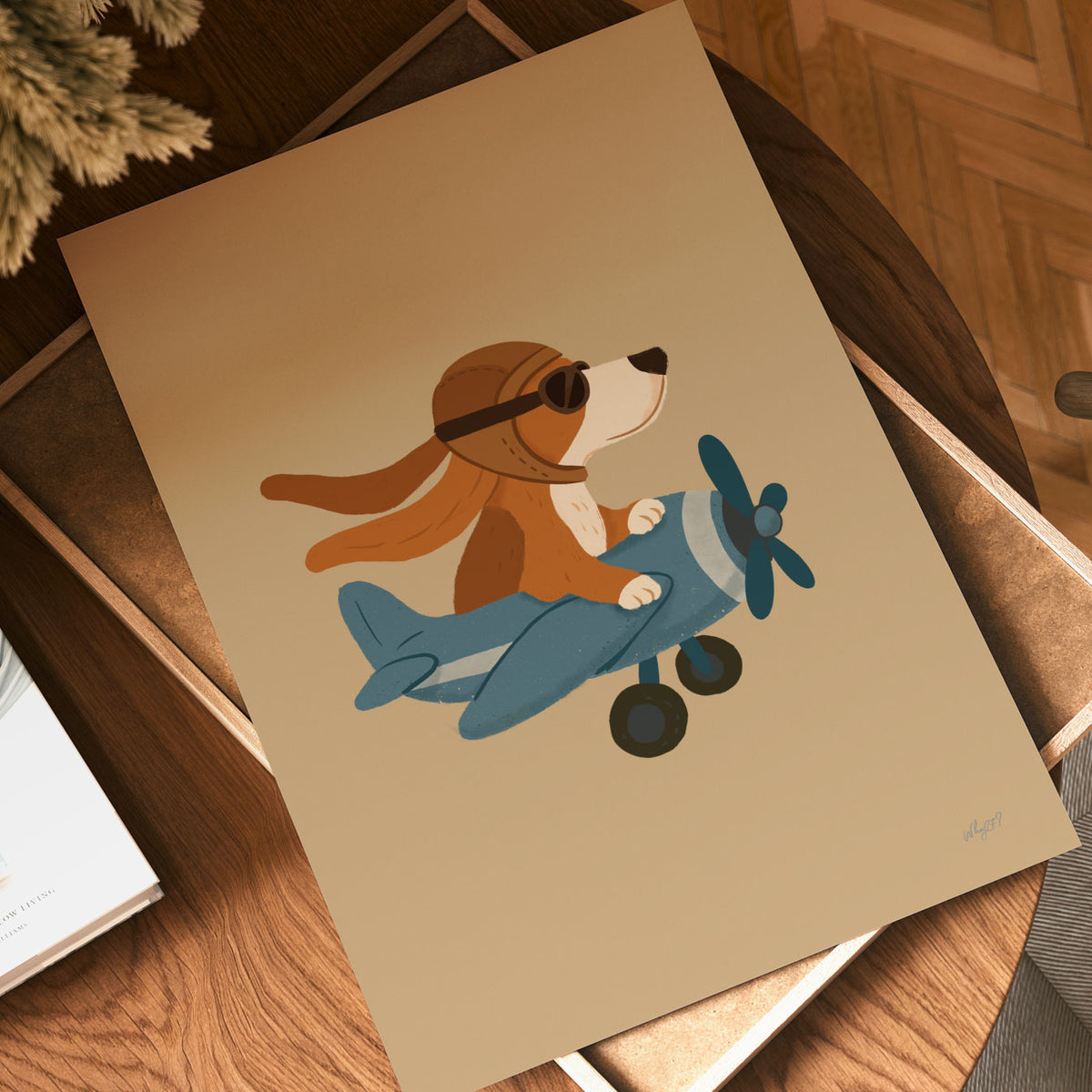 Hand-drawn dog flying a vintage-style blue propeller airplane with black wheels.