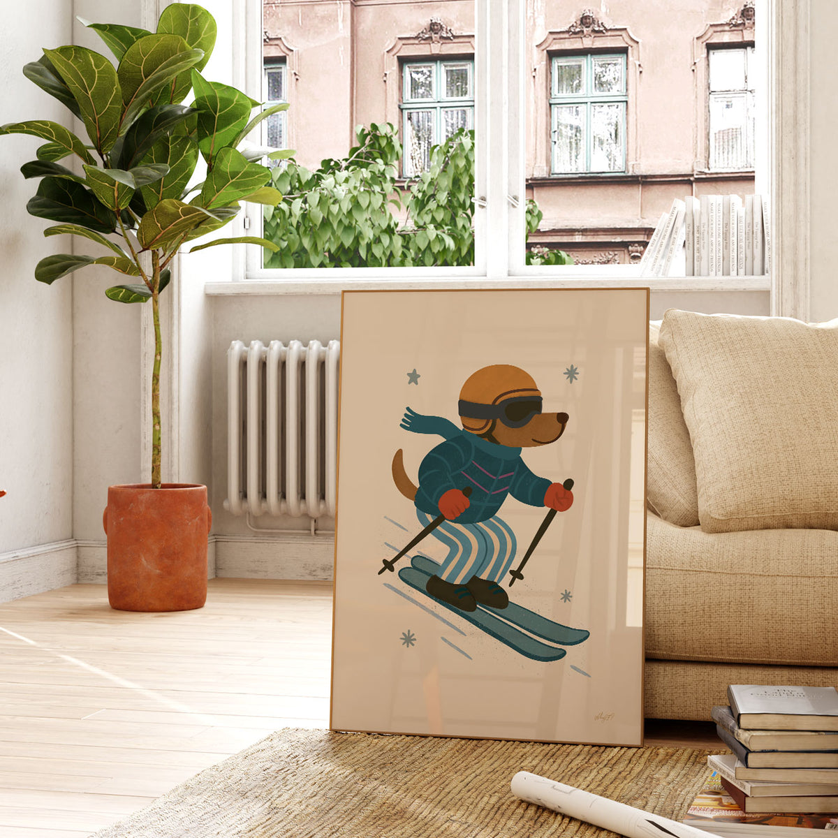Kids winter sports wall art featuring a cool dog skiing in retro blue and cream ski clothes.