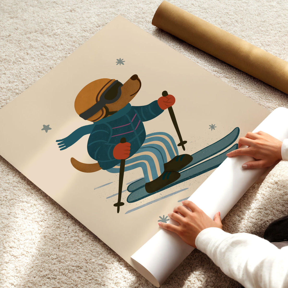 Playful dog skier illustration with blue skis, ski poles and striped trousers on a soft beige background.