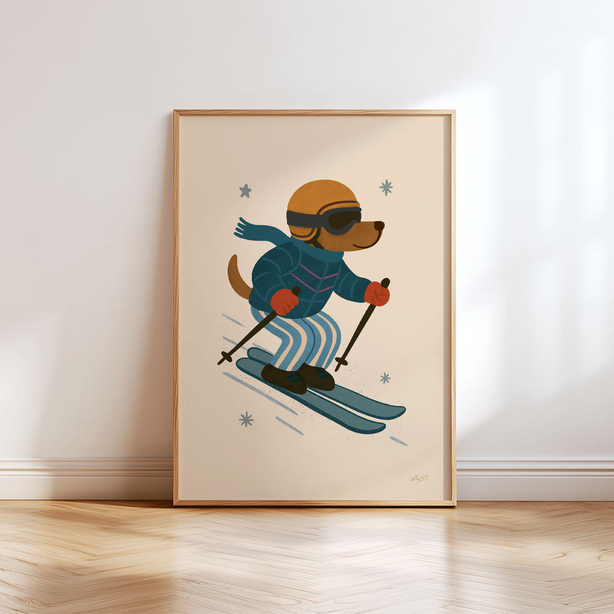 Retro skiing dog poster in blue and warm neutral tones for a kids bedroom, playroom or ski-themed room.