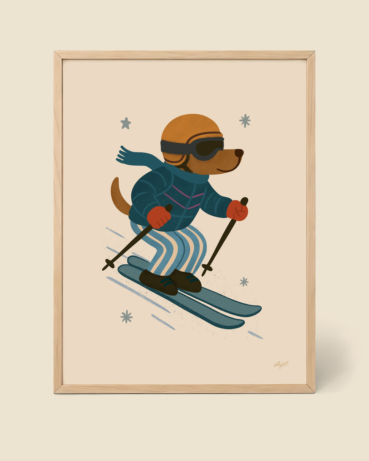 Skiing Dog Poster framed in a natural wood frame