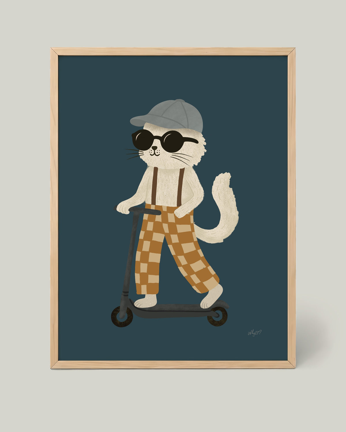Cool Cat on Wheels Poster framed in a natural wood frame