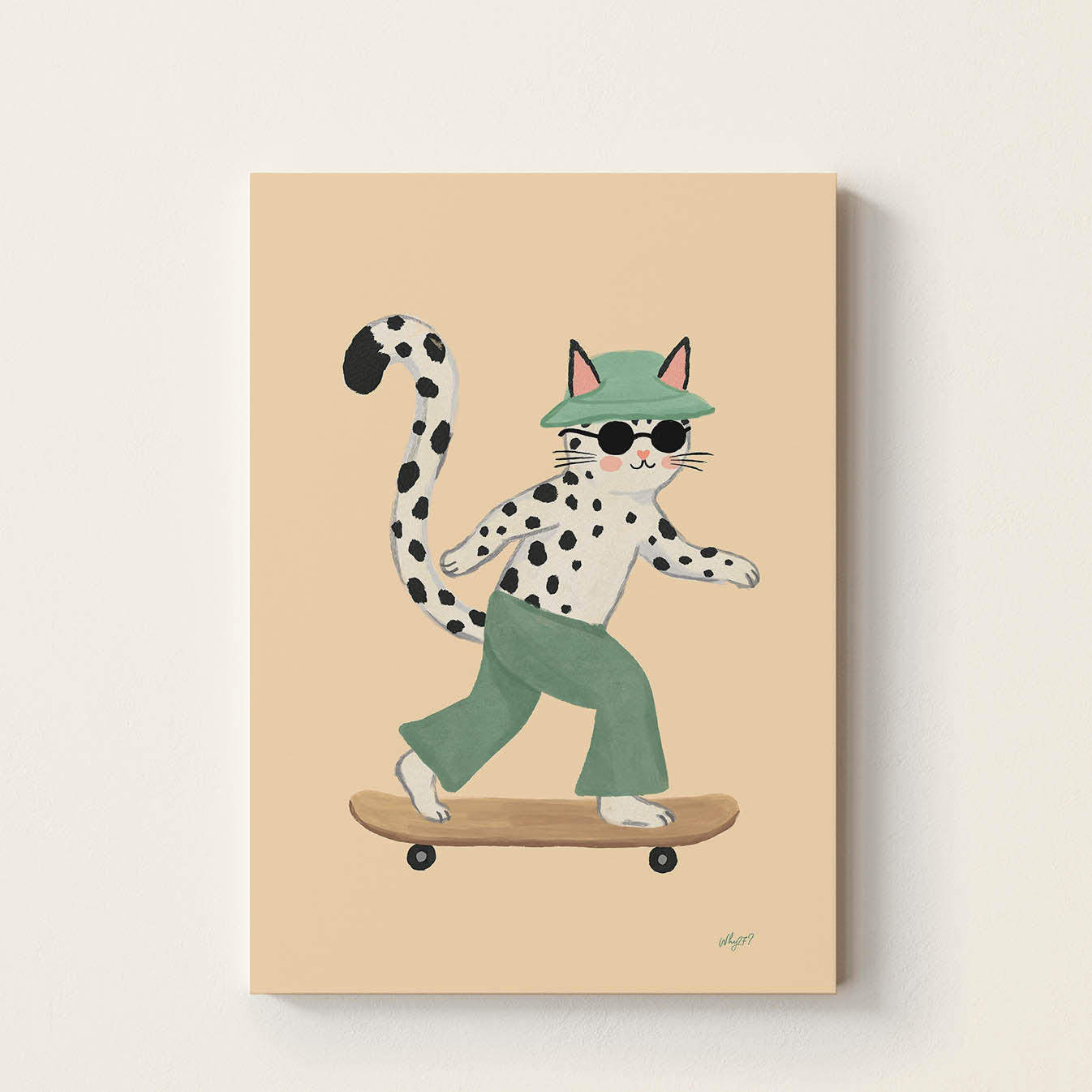 Hand-drawn spotted cat wearing sunglasses and a green bucket hat while riding a skateboard, retro-inspired skateboard wall art for nurseries, bedrooms, and playrooms.