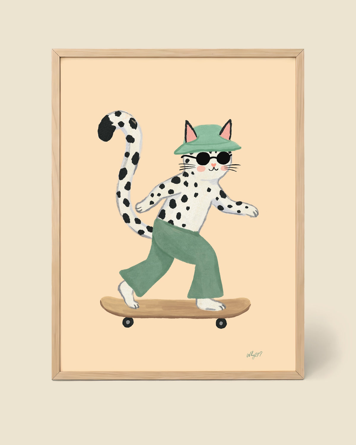 Cool Skater Cat Poster framed in a natural wood frame