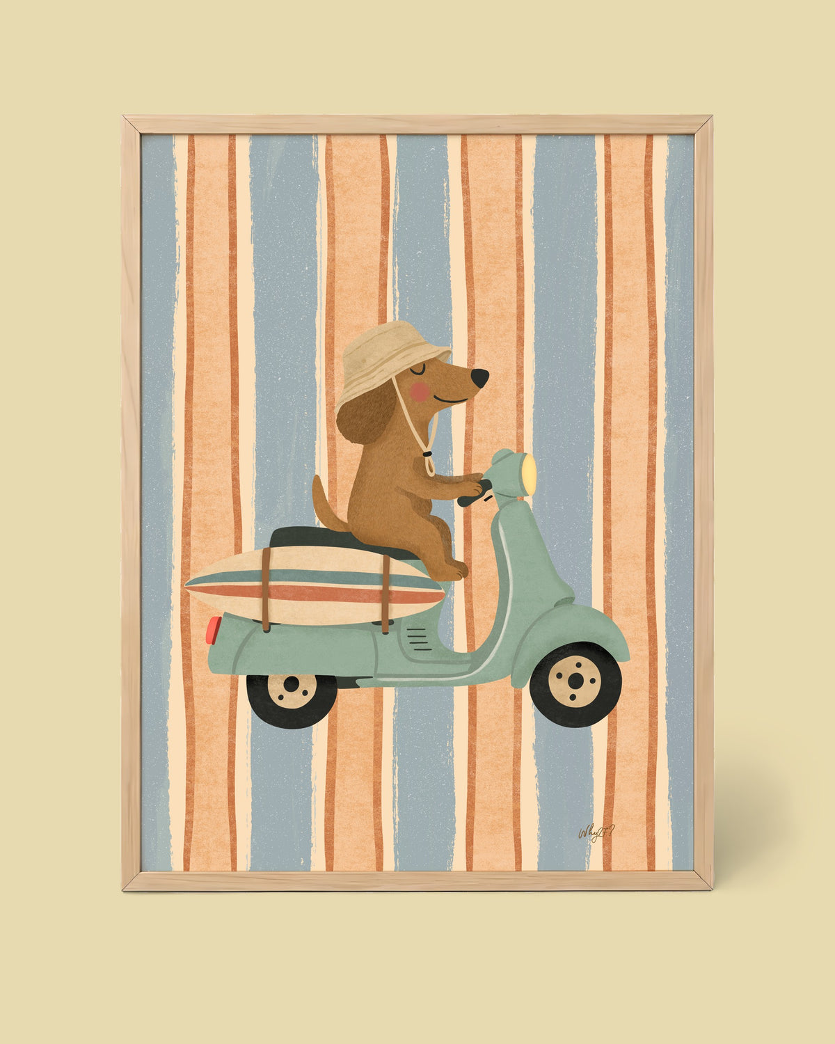Surf Scooter Dog Poster framed in a natural wood frame