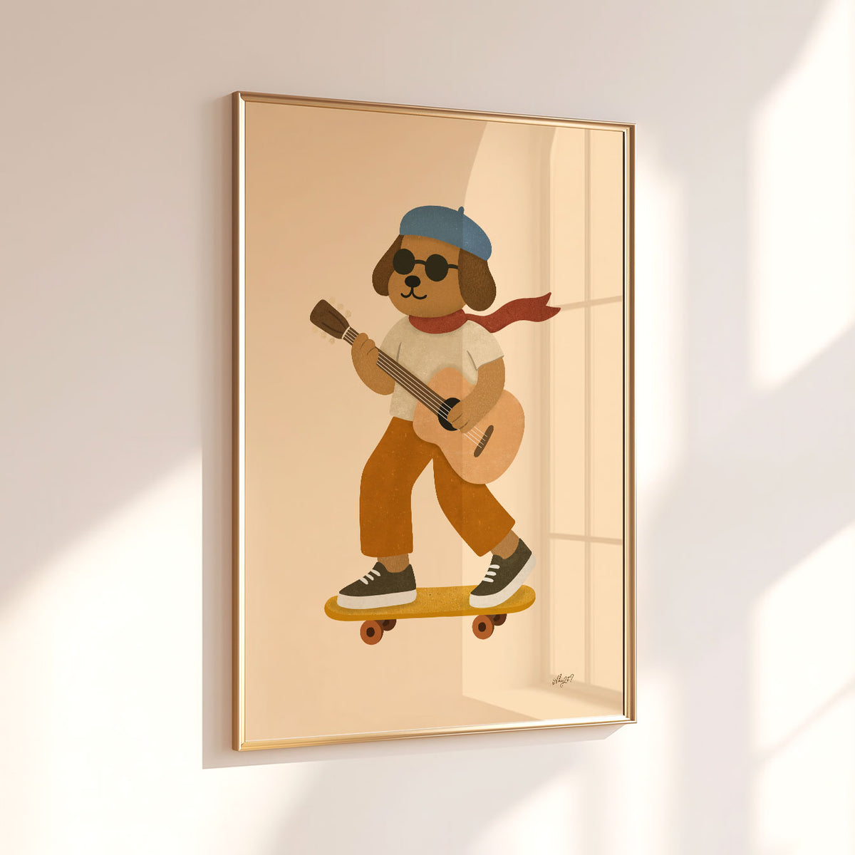Hand-drawn musical dog riding a skateboard with an acoustic guitar, blue hat, sunglasses and red scarf.