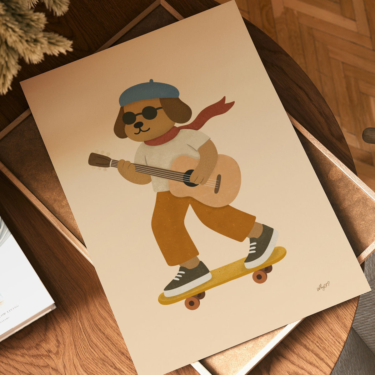 Whimsical skate and music wall art featuring a guitar-playing dog on a skateboard for a kids bedroom or playroom.
