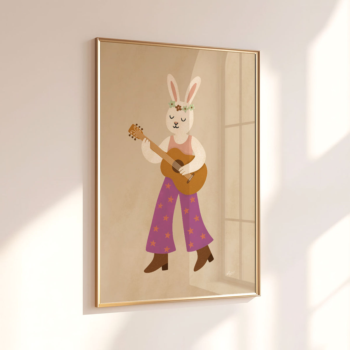 Retro music wall art for kids featuring a whimsical bunny playing guitar against a soft neutral background.