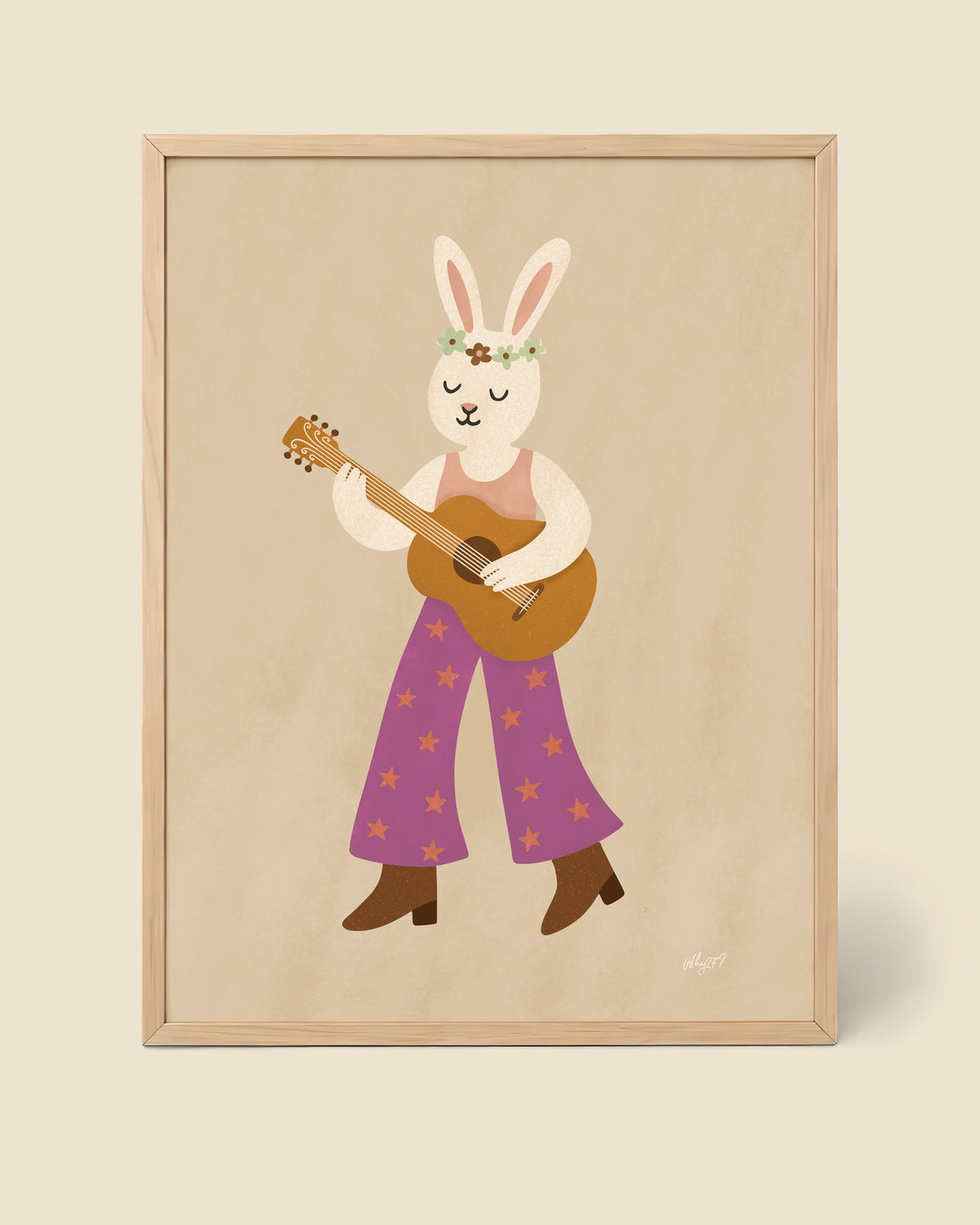 Guitar Bunny Poster framed in a natural wood frame