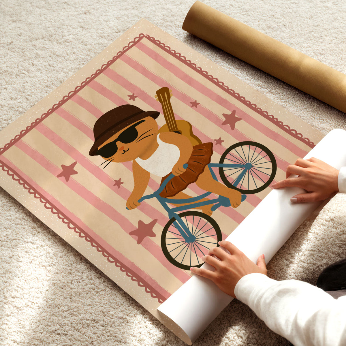 Kitty On A Bike Cream Poster