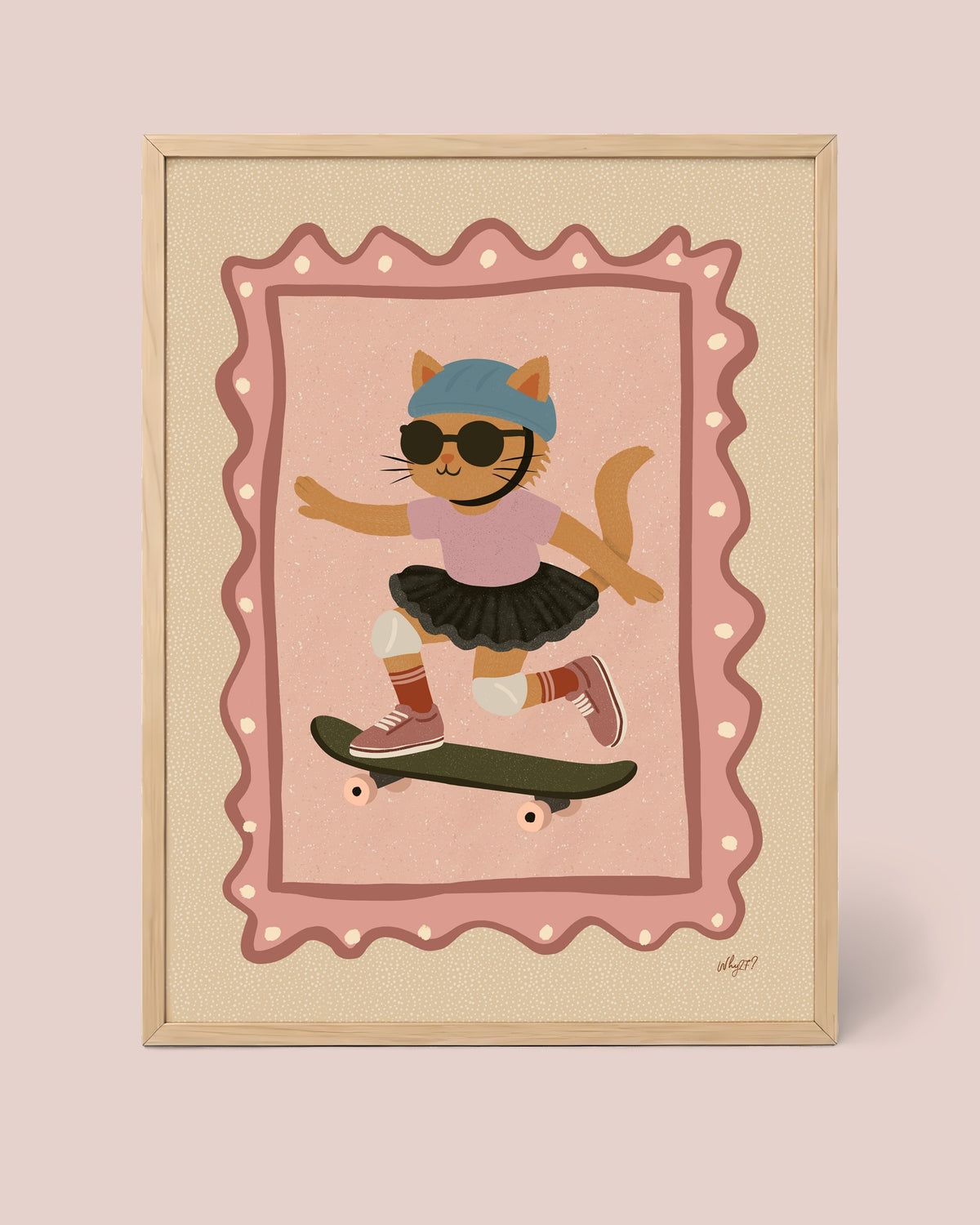 Kitty Skate Cream Poster framed in a natural wood frame