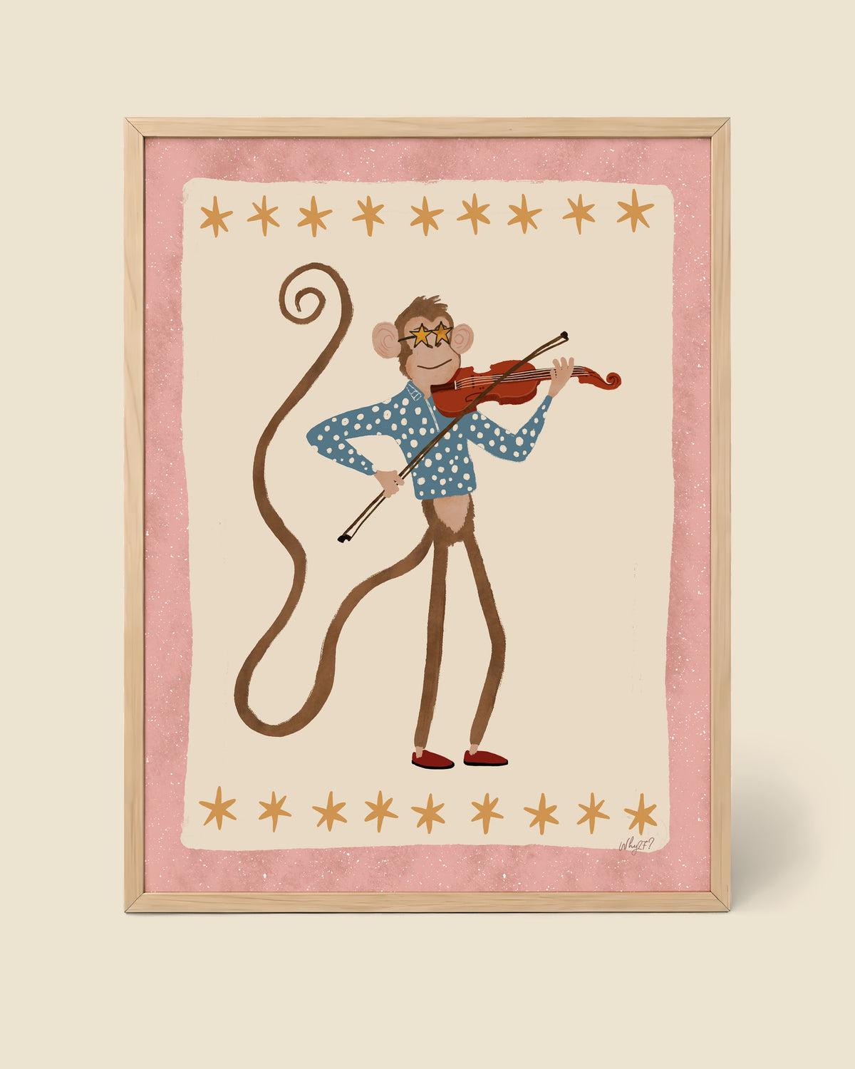Pink Violin Monkey Poster framed in a natural wood frame