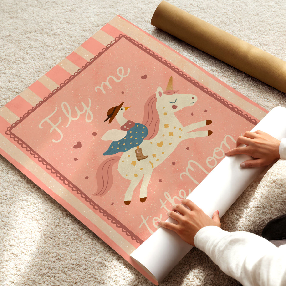 Magical unicorn adventure poster in pink, cream and teal with hand-lettered Fly Me to the Moon quote.