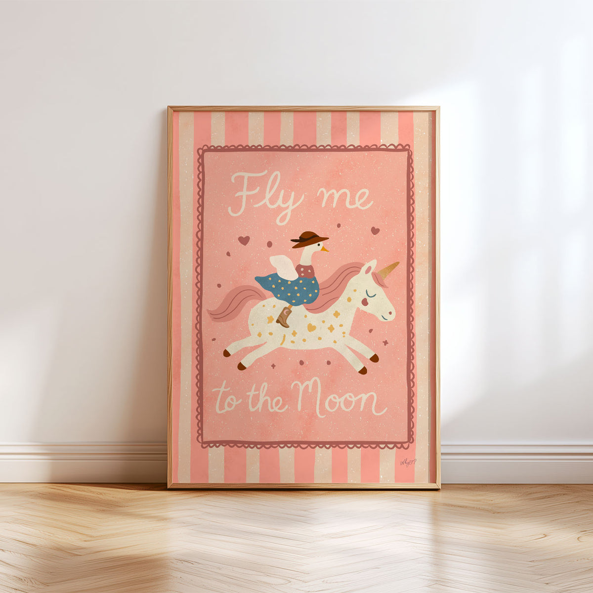 Fantasy nursery wall art featuring a flying unicorn and rider on a dusty pink background with striped border.