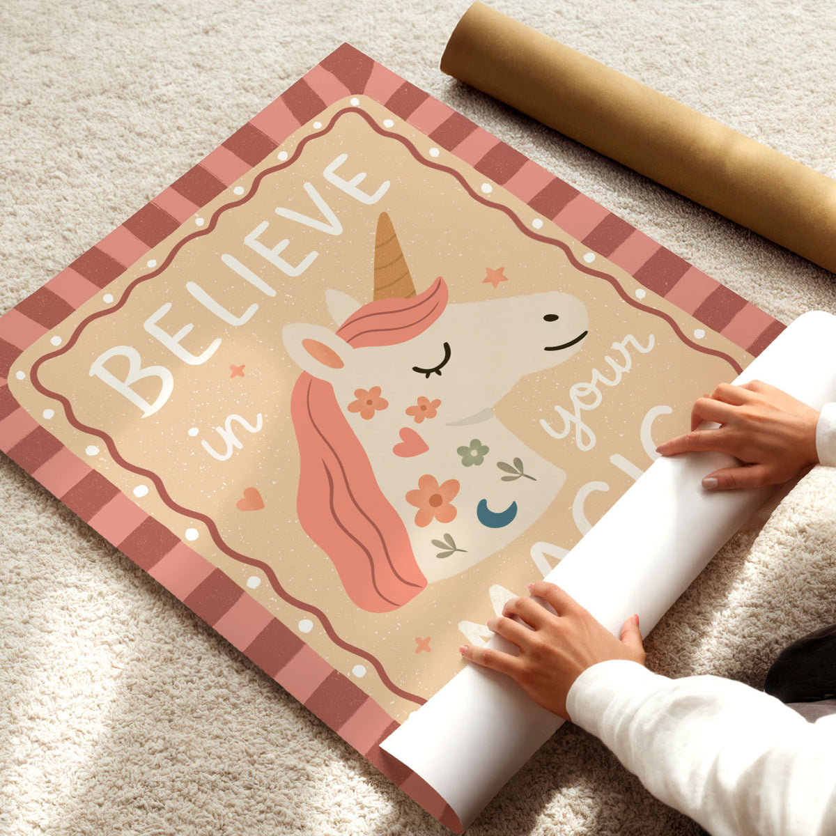 Positive unicorn kids poster in blush pink and cream with flowers, moon, hearts and decorative retro border.