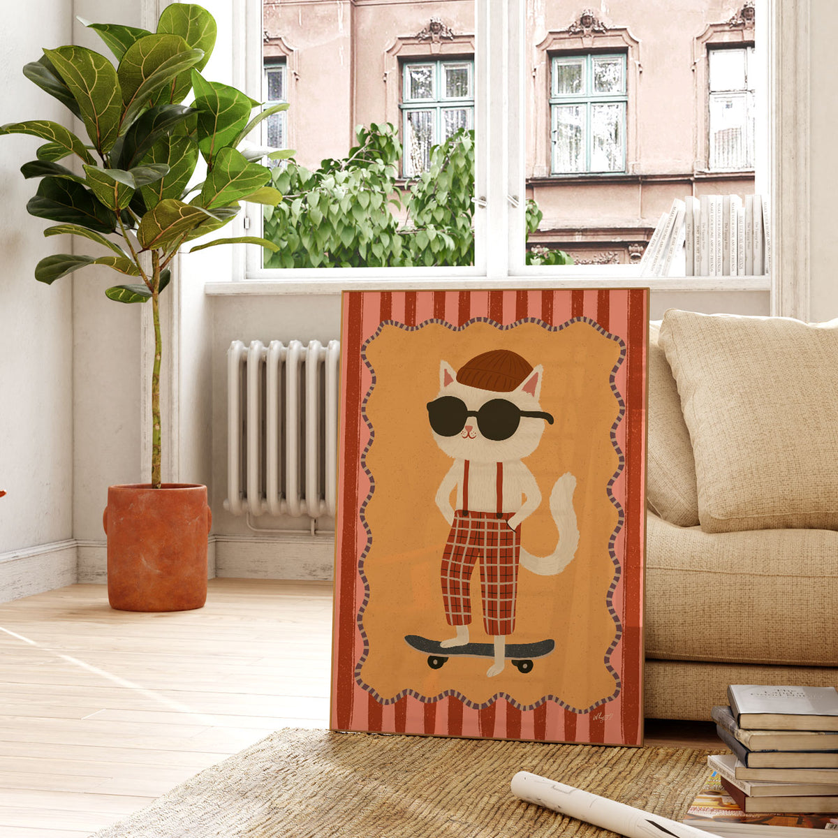 Retro skater cat wall art in orange, rust and cream tones with a hand-drawn scalloped frame.