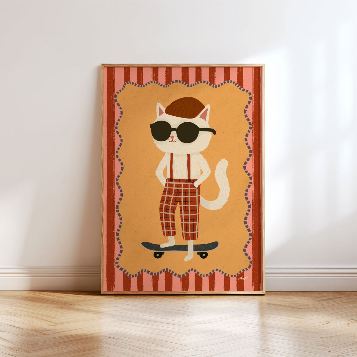 Kids skateboard wall art with a hand-drawn cat wearing sunglasses, suspenders and retro plaid trousers.