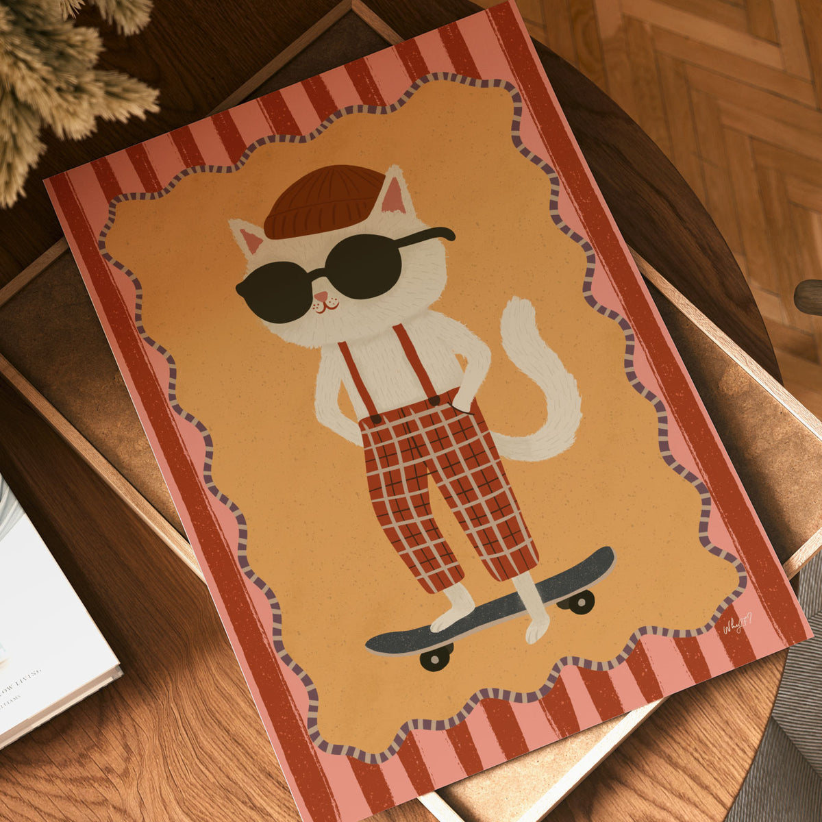 Playful cat skateboard illustration with retro clothing, sunglasses and a decorative striped border.