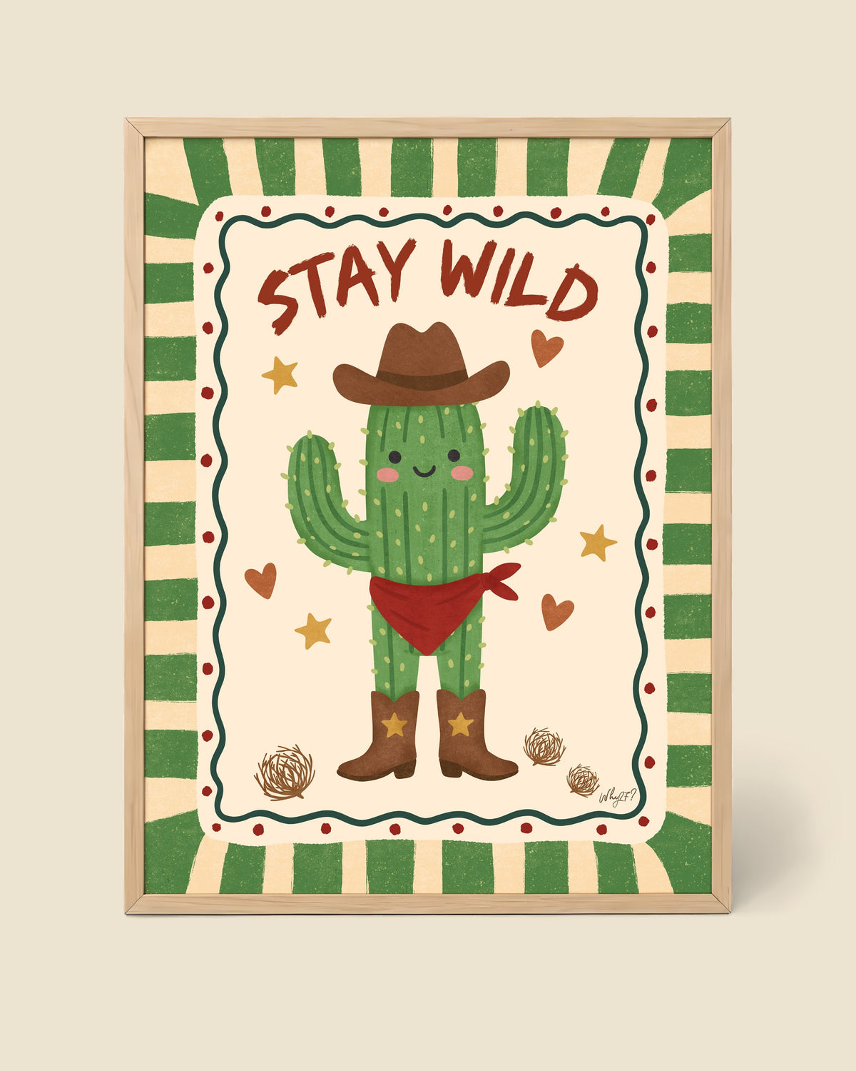 Desert Cowboy Cactus Poster framed in a natural wood frame