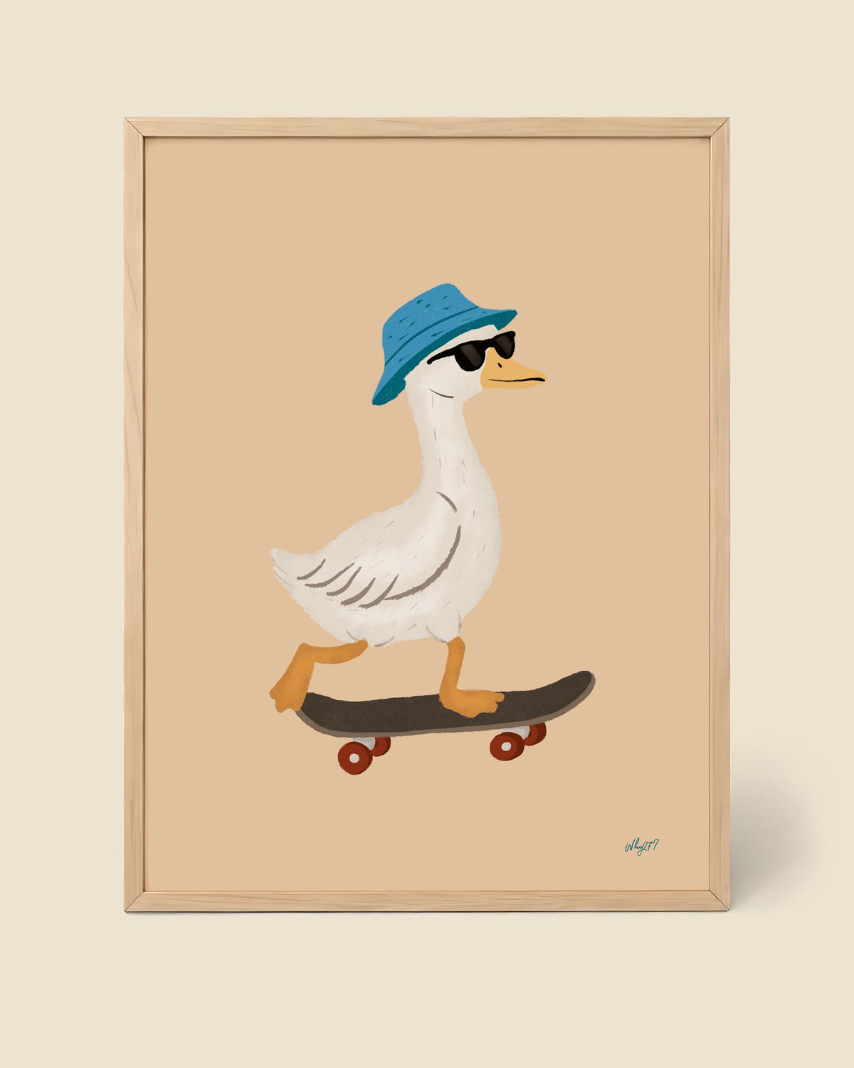 Skater Goose Poster framed in a natural wood frame