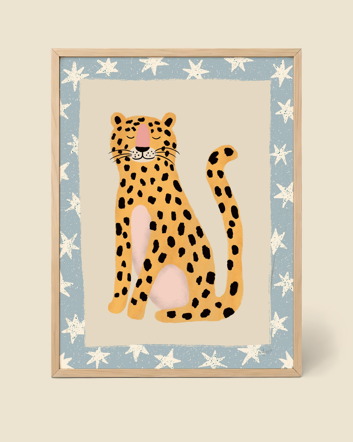 Wild Star Leopard Poster framed in a natural wood frame