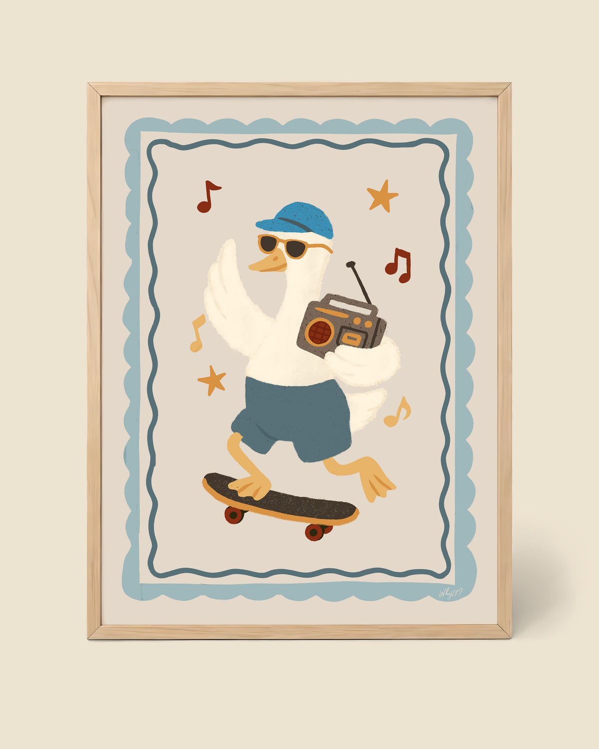 Skate Radio Duck Poster framed in a natural wood frame