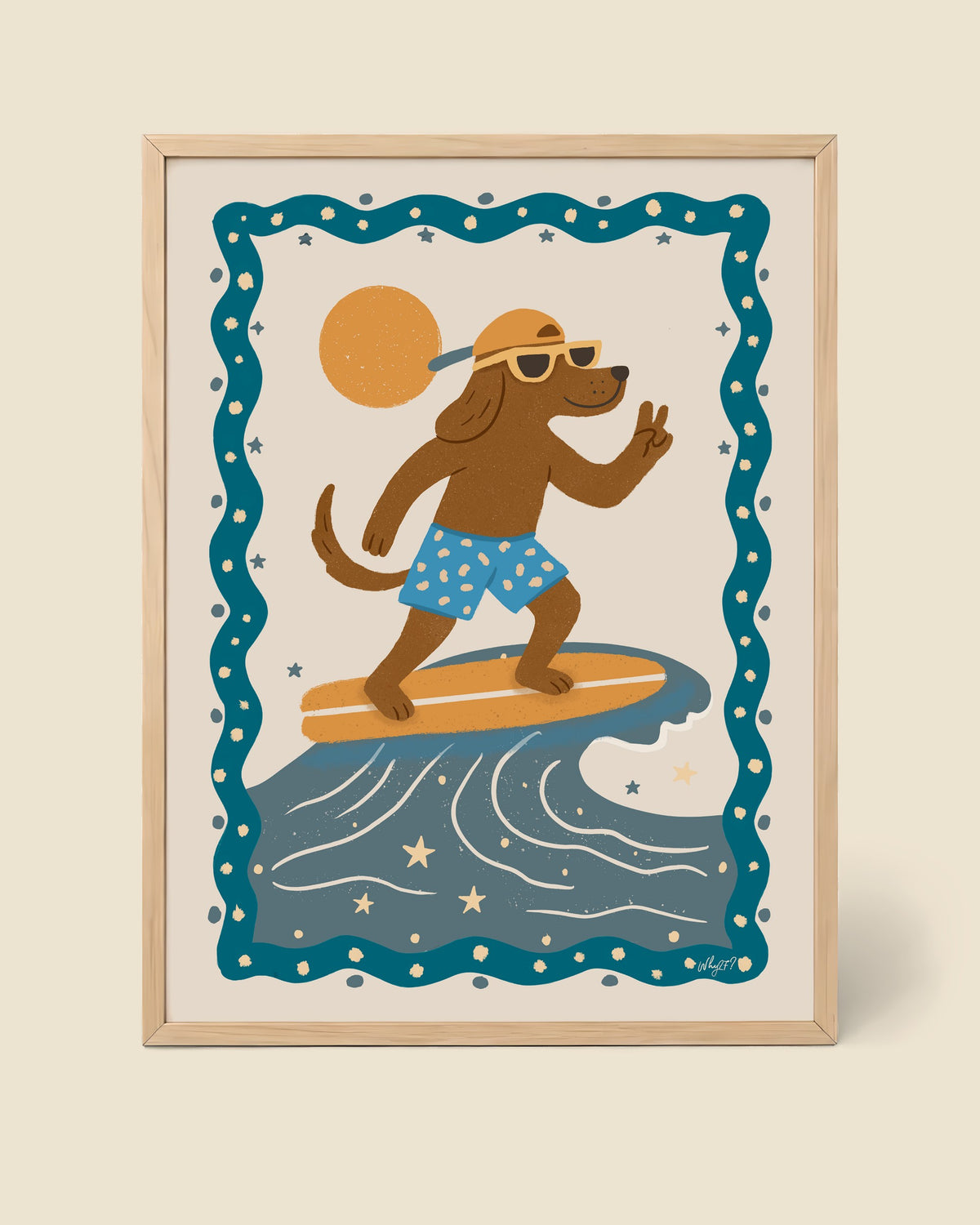 Surfing Dog Poster framed in a natural wood frame